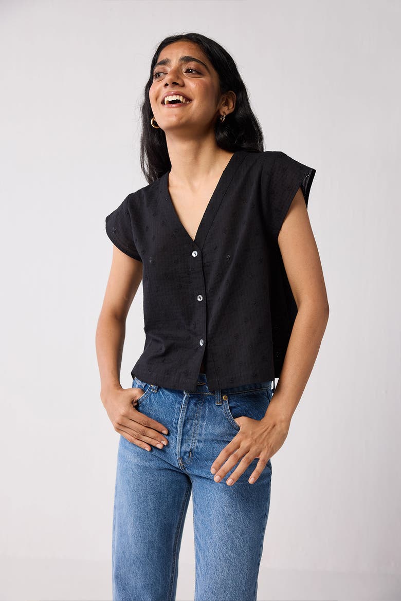 V-Neck Embroidered Top with Front Buttons, Alternate, color, Textured Eyelet in Black