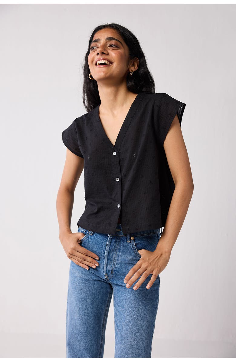 Reistor V-Neck Embroidered Top with Front Buttons, Alternate, color, Textured Eyelet In Black