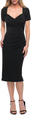 La Femme Ruched Jersey Below the Knee Dress with Short Sleeves