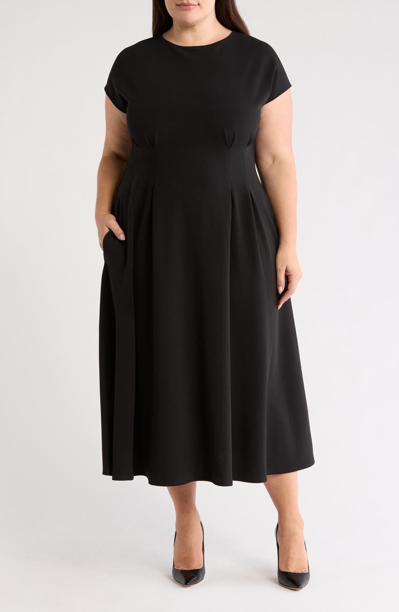 NORDSTROM RACK Pleated Cap Sleeve Midi Dress, Main, color, Black
