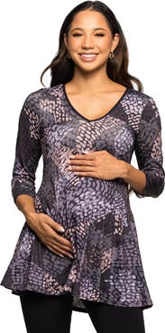 24seven Comfort Apparel Abstract Print V-Neck three quarter Sleeve Tunic Top