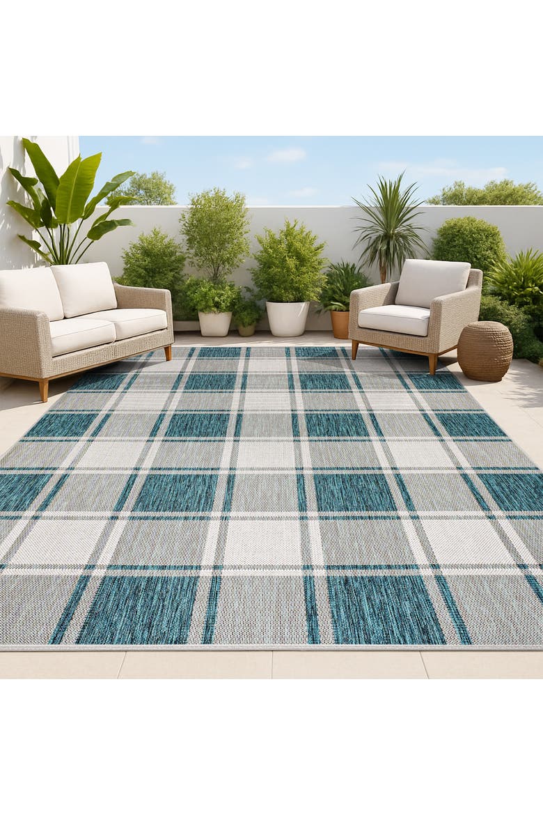 Sabine Traditional Farmhouse Bold Gingham Indoor/Outdoor Area Rug, Alternate, color, Turquoise/Cream