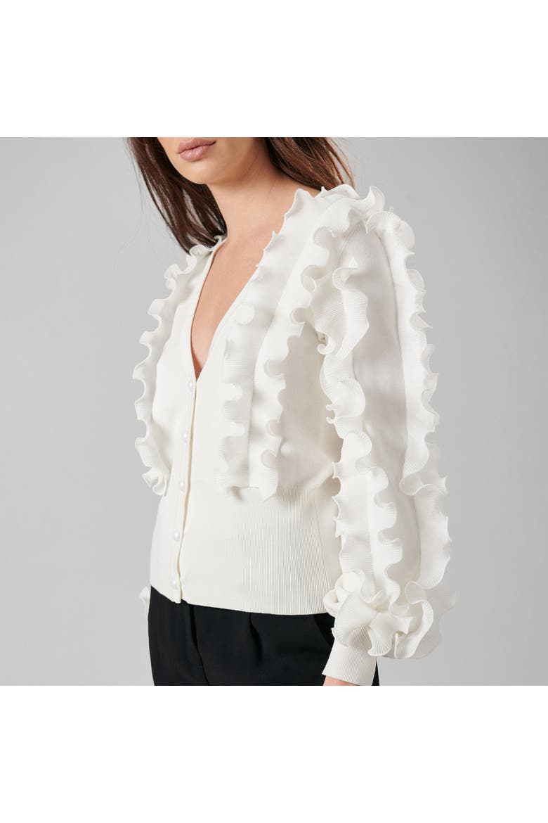 Women's  Ciline Black Long Sleeve Ruffle Cardigan, Alternate, color, White