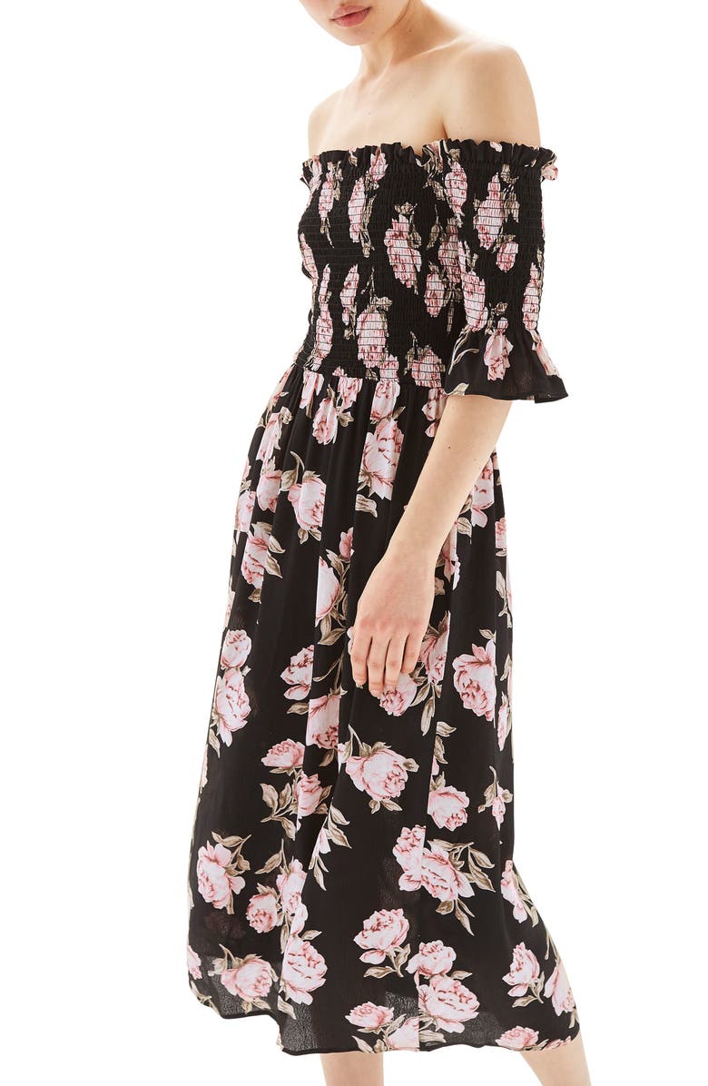 Topshop Bardot Rose Midi Dress, Main, color, 