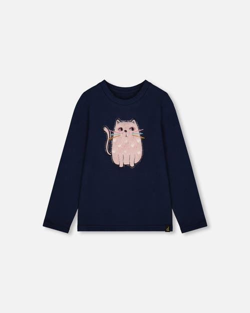 Deux Par Deux Organic Cotton T-shirt With Cat In Black
