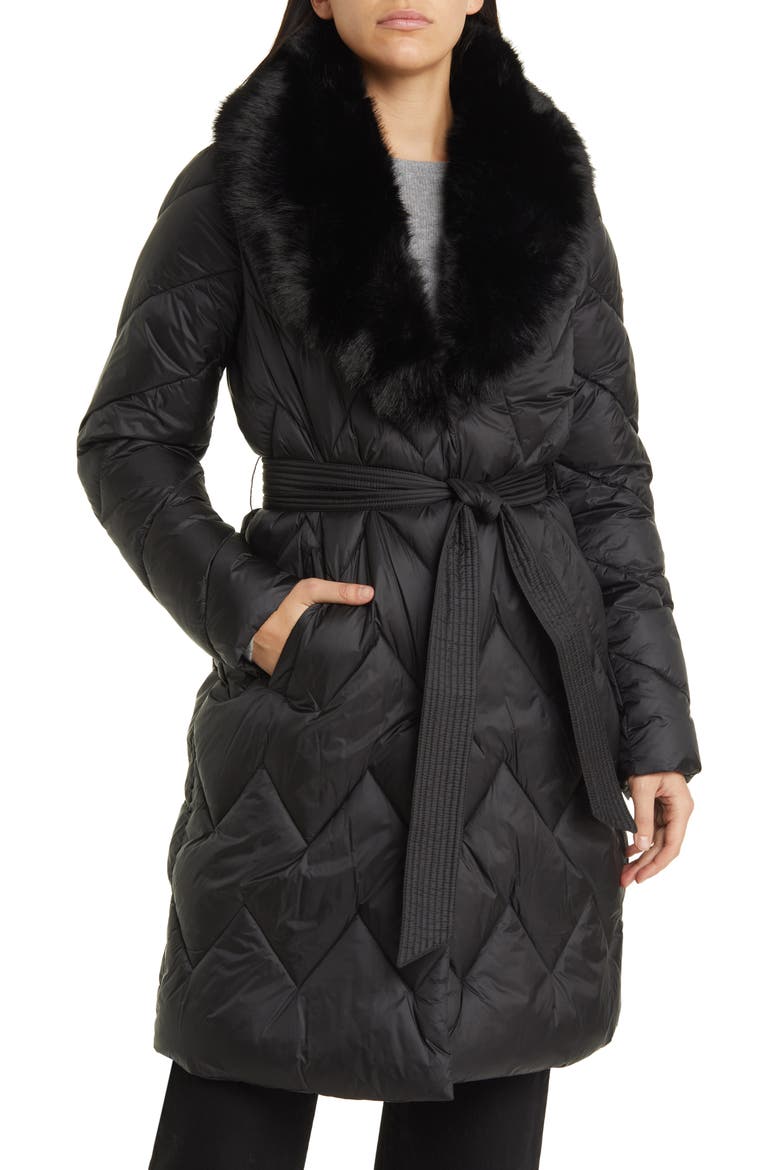Faux Fur Collar Diamond Quilted Coat, Main, color, BLACK