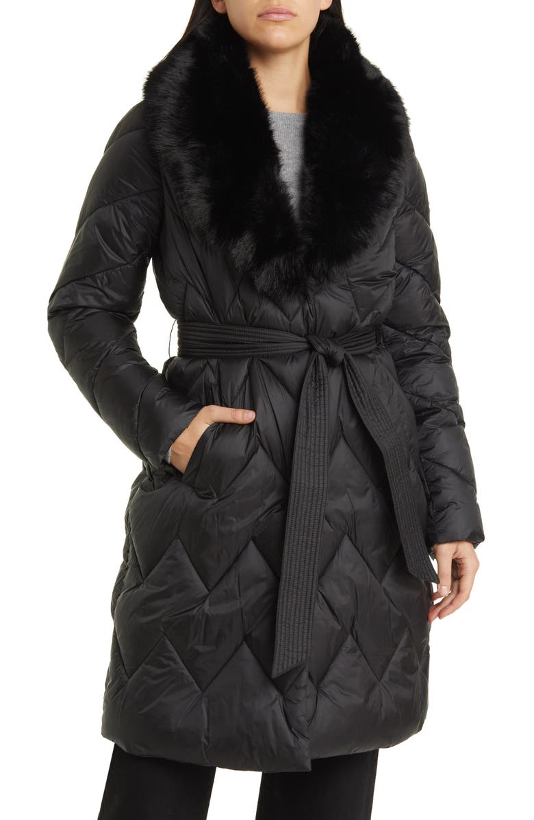Michael Kors Faux Fur Collar Diamond Quilted Coat, Main, color, 