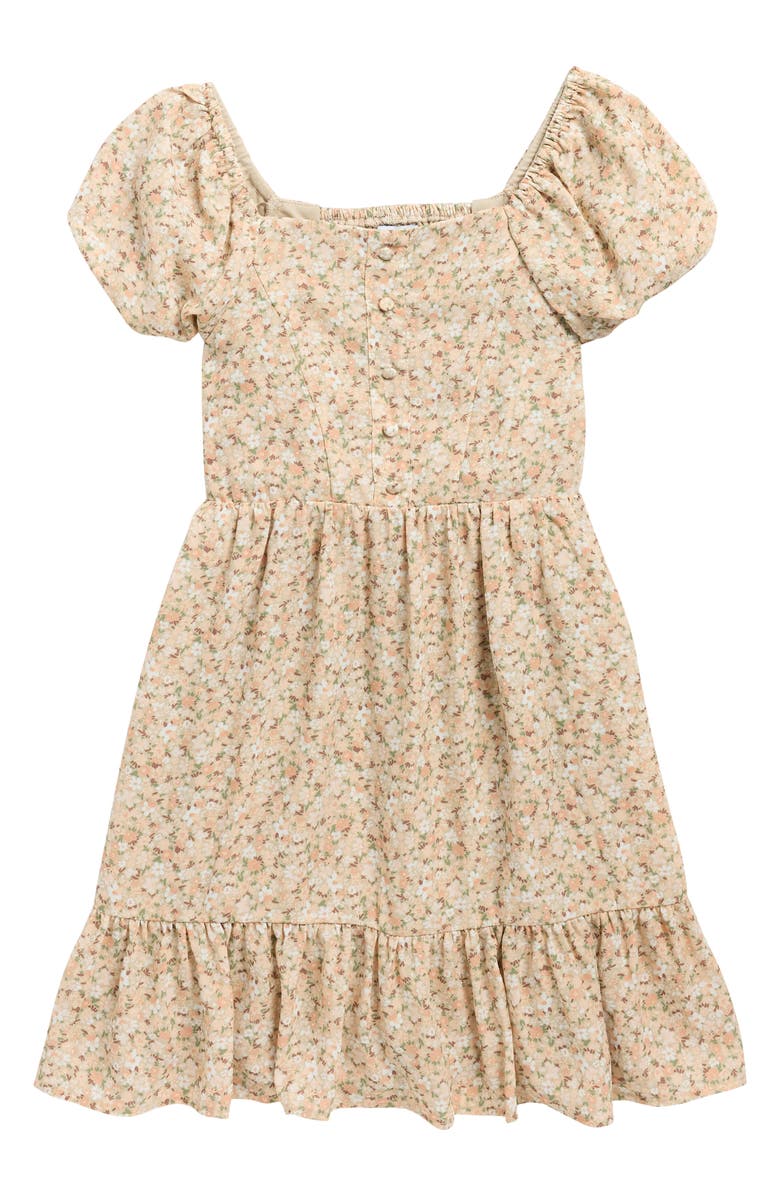 Love, Fire Kids' Ditsy Floral Print Ruffle Dress, Main, color, Camel/ Ditsy