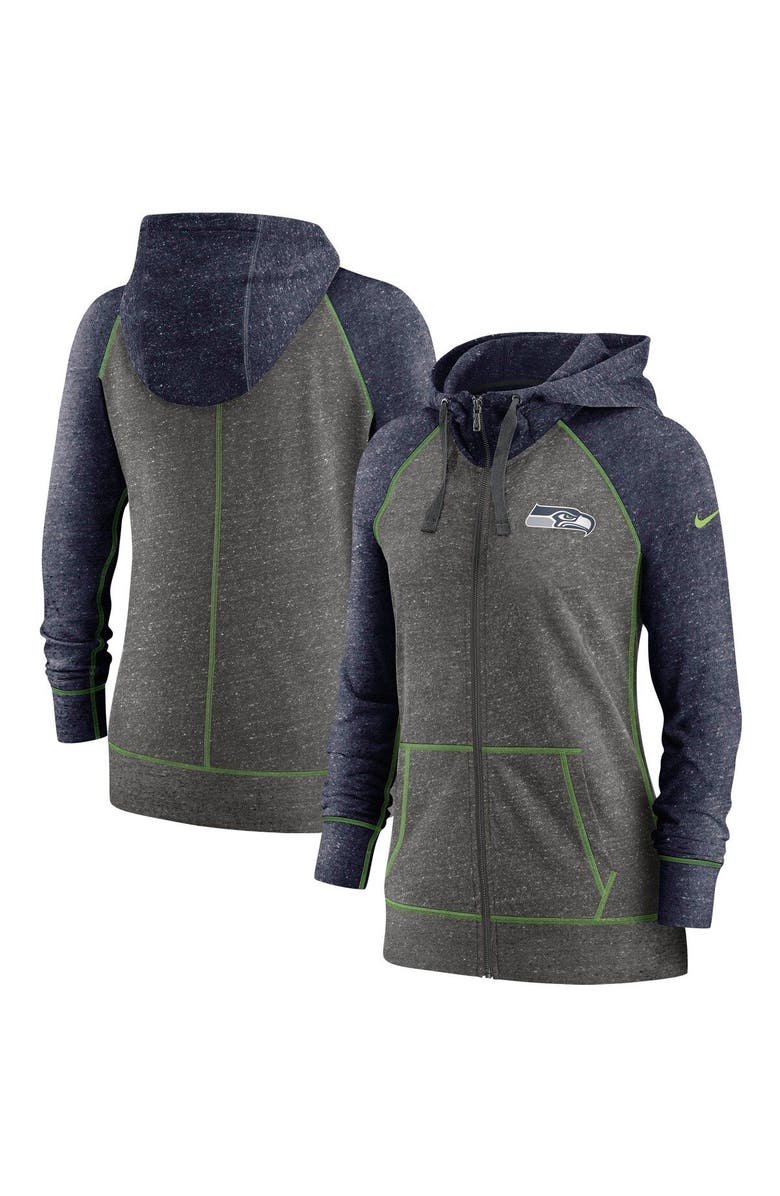 Nike Women's Nike Heathered Charcoal/Navy Seattle Seahawks Gym Vintage Raglan Full-Zip Hoodie, Main, color, 