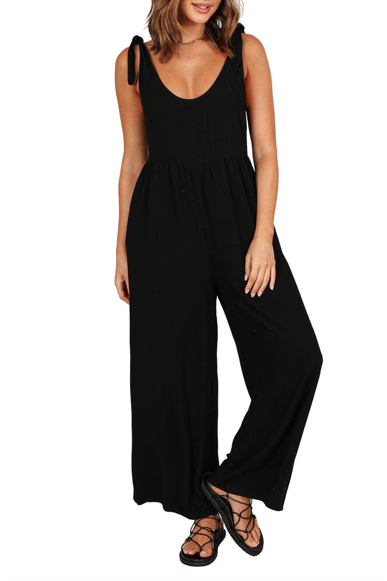 Ayla Tie Shoulder Wide Leg Linen Jumpsuit, Main, color, BLACK