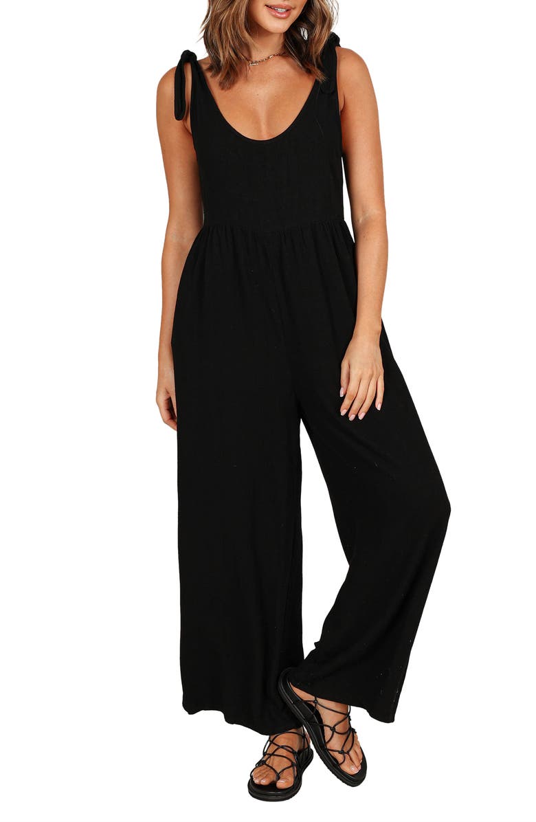 Petal & Pup Ayla Tie Shoulder Wide Leg Linen Jumpsuit, Main, color, Black