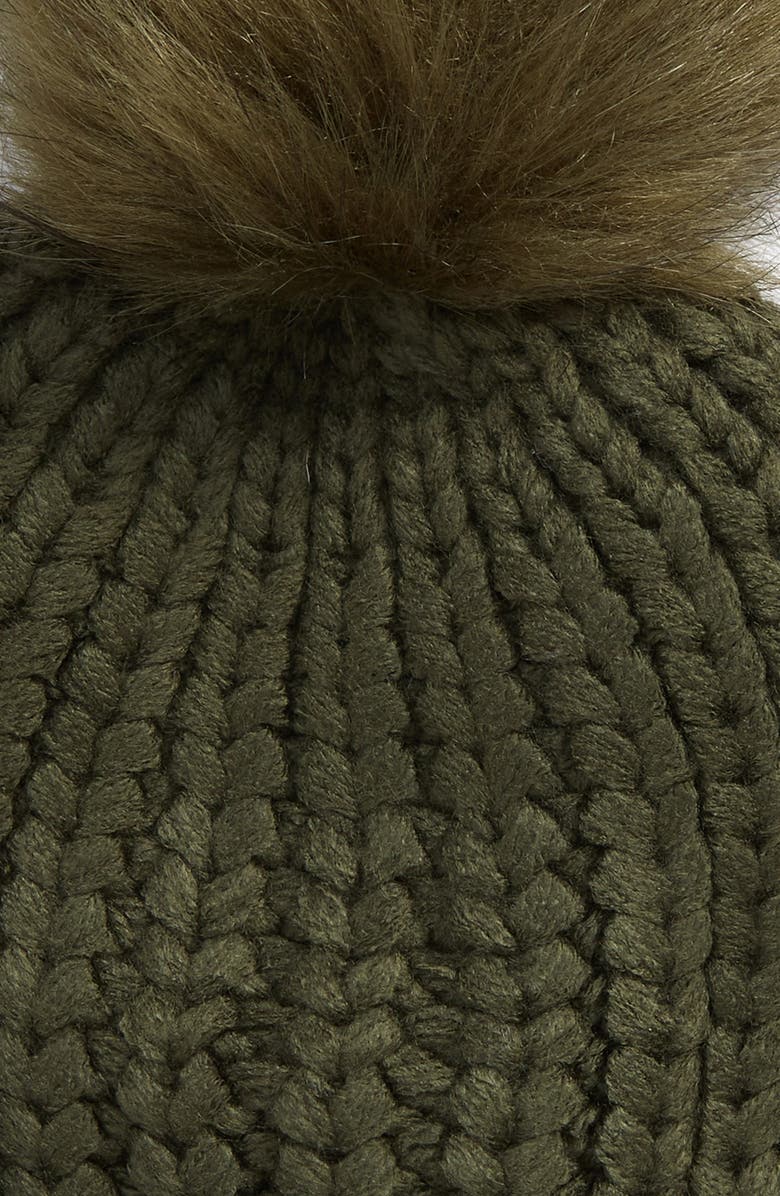 Barbour Saltburn Faux Fur Pom Beanie, Alternate, color, Olive