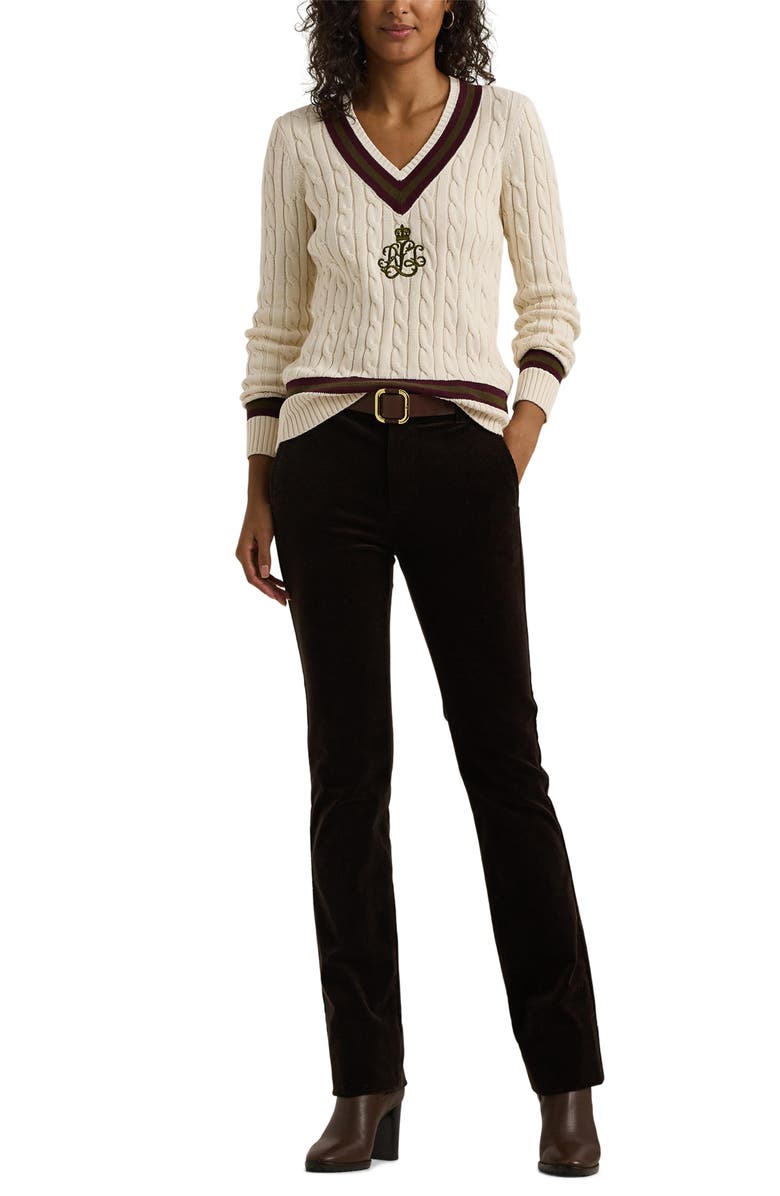 Lauren Ralph Lauren Gassed V-Neck Cable Stitch Sweater, Alternate, color, Cream/Pinot Noir/Botanic Green