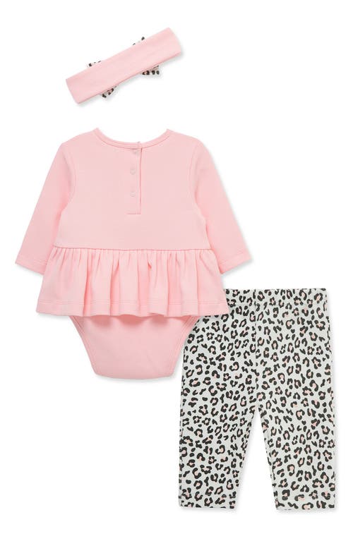 Little Me Leopard Bodysuit, Pants & Headband Set In Pink