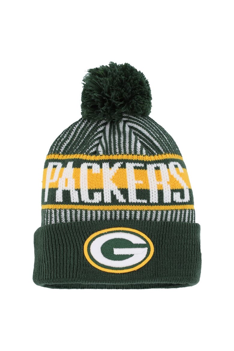 Youth New Era Green Green Bay Packers Striped  Cuffed Knit Hat with Pom, Main, color, Green