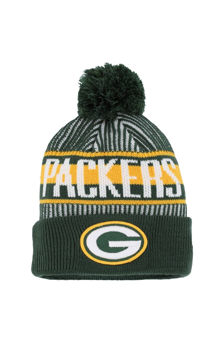 New Era Youth New Era Green Green Bay Packers Striped  Cuffed Knit Hat with Pom, Main, color, 