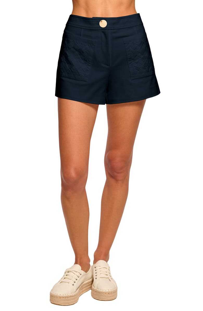 Ramy Brook Tamika Woven Patch Pocket Cotton Blend Shorts, Main, color, Navy