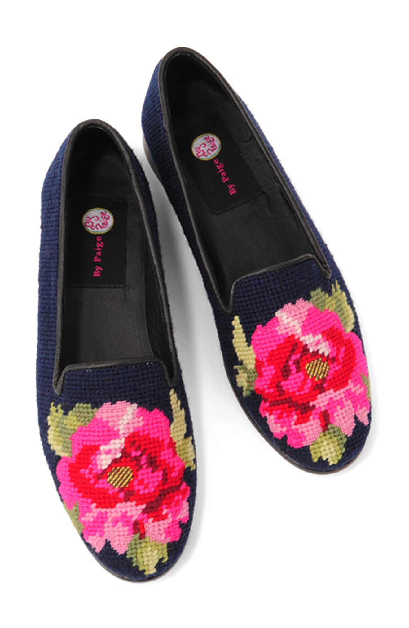 ByPaige Needlepoint Peony Flat, Alternate, color, Pink Peony On Navy Loafer