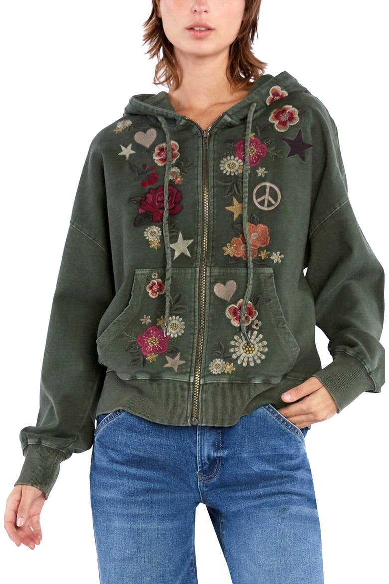 Camp Peace Floral Embroidered Hoodie, Main, color, CAMP GREEN