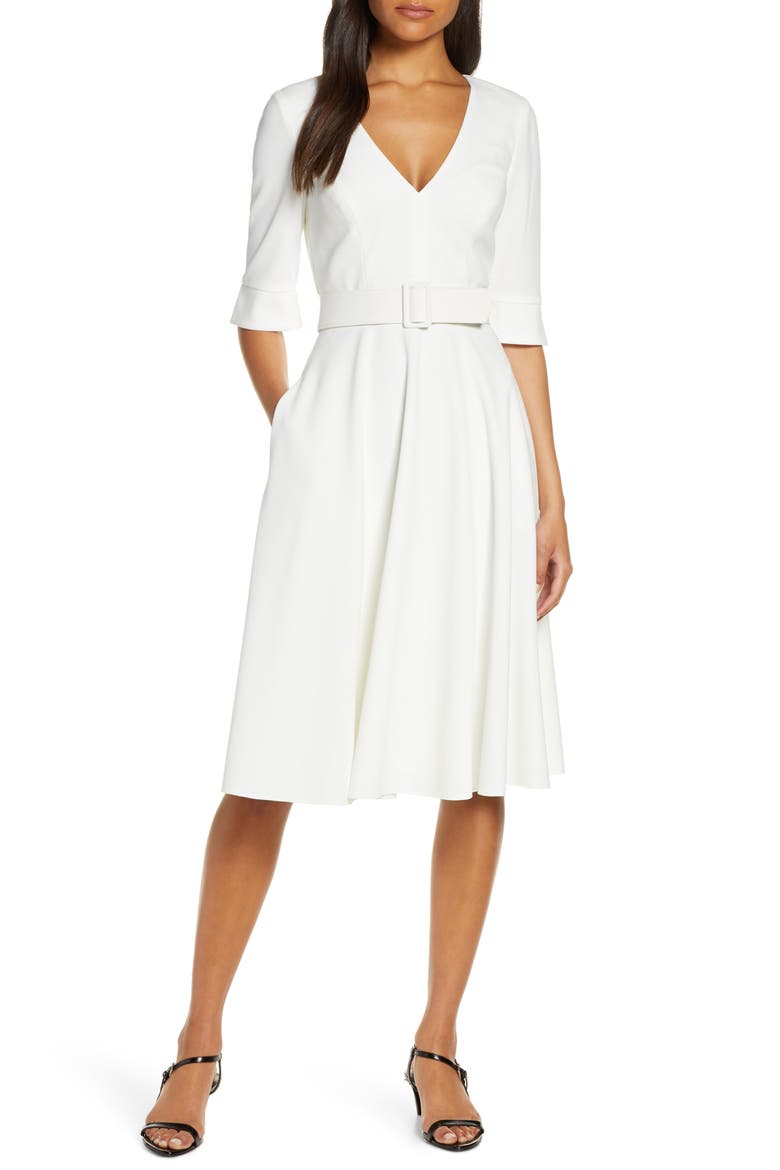 Belted Fit & Flare Dress, Main, color, IVORY