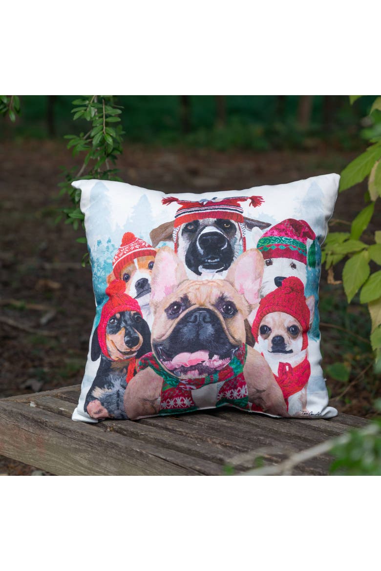 Winter Dogs In Knitted Holiday Hats Christmas Throw Pillow 18" x 18", Alternate, color, Red