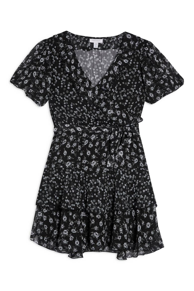 Ditsy Floral Print Ruffle Minidress, Alternate, color, BLACK MULTI