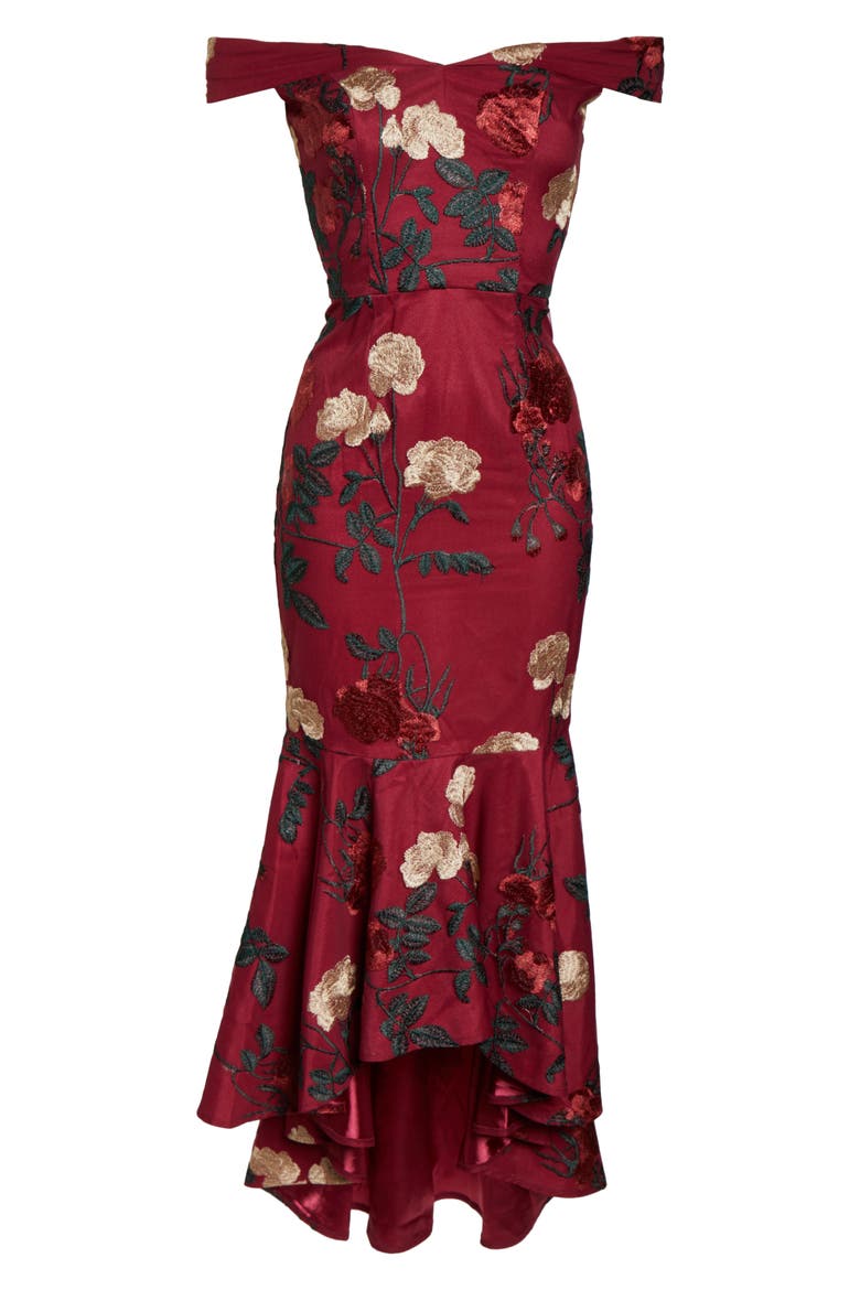Osia Floral Embroidered Off the Shoulder Mermaid Dress, Alternate, color, BURGUNDY