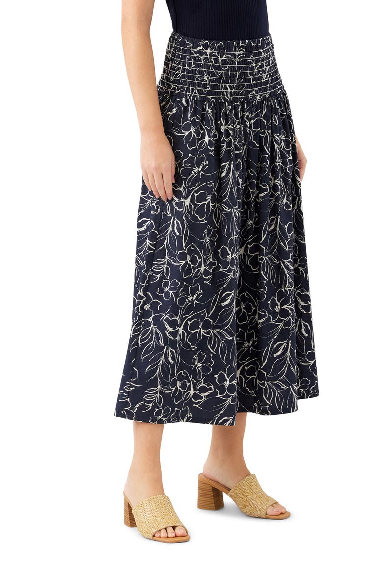 Floral Smocked Waist Cotton Midi Skirt, Alternate, color, PRINT