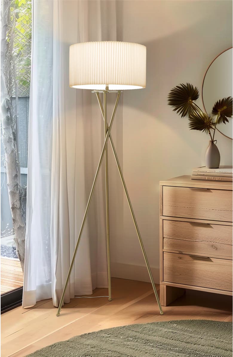 Brightech Jaxon Pleated 60" Smart Home Compatible LED Twisted Tripod Floor Lamp, Bulb Included, Alternate, color, Polished Gold
