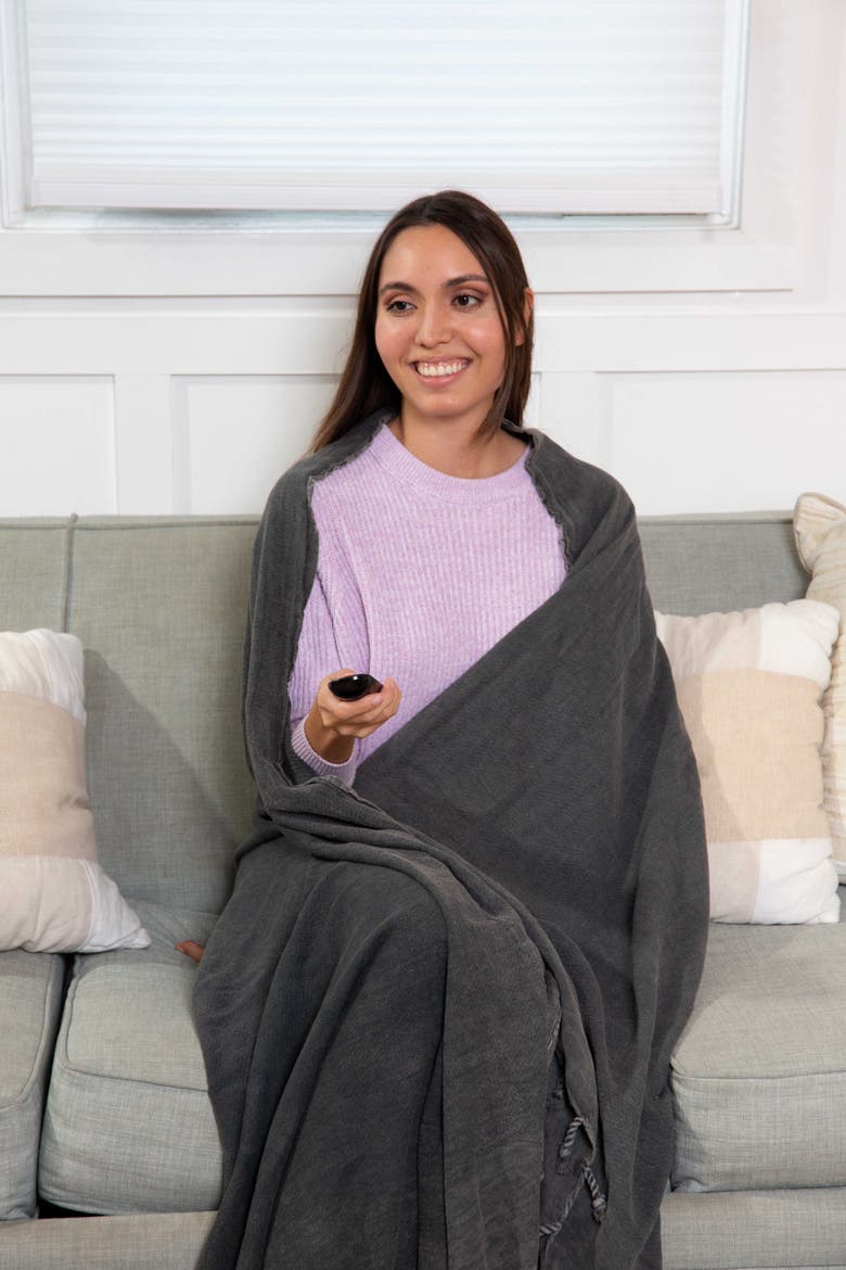 Stonewashed Organic Small Turkish Throw Blanket, Alternate, color, Faded Black