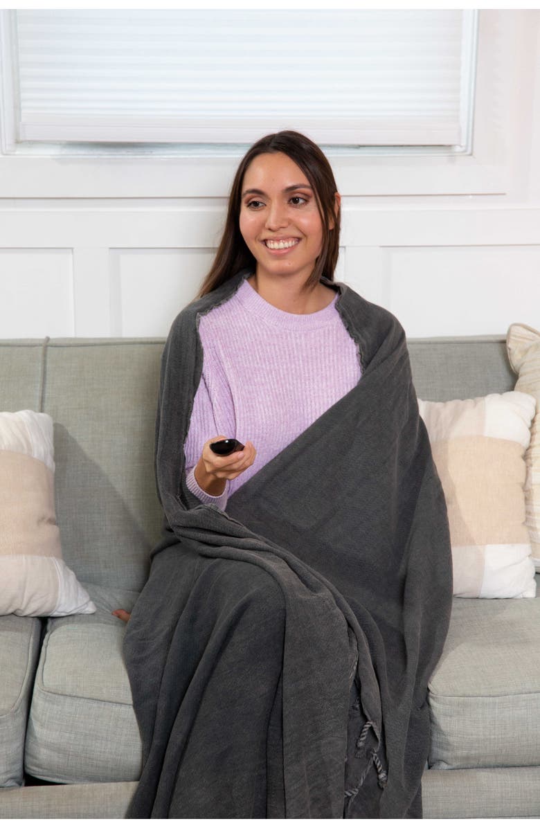 InfuseZen Stonewashed Organic Small Turkish Throw Blanket, Alternate, color, Faded Black