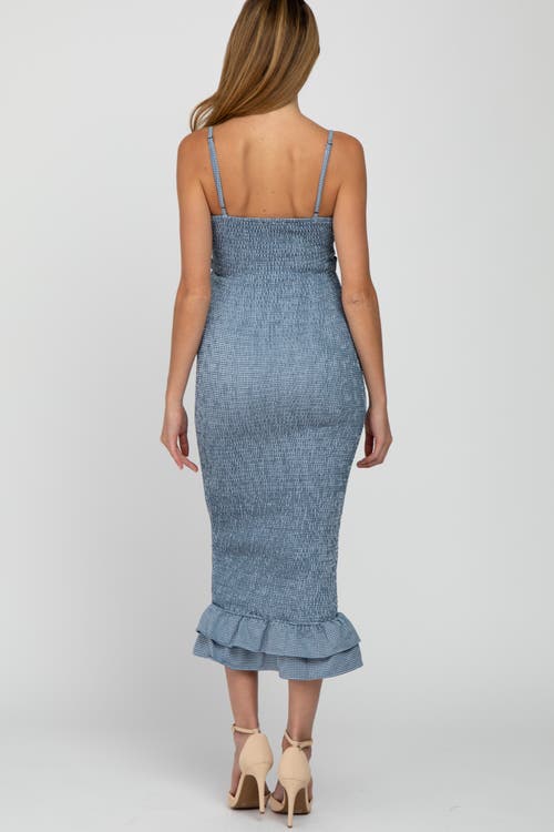 Pinkblush Gingham Print Smocked Fitted Self-tie Midi Dress In Blue