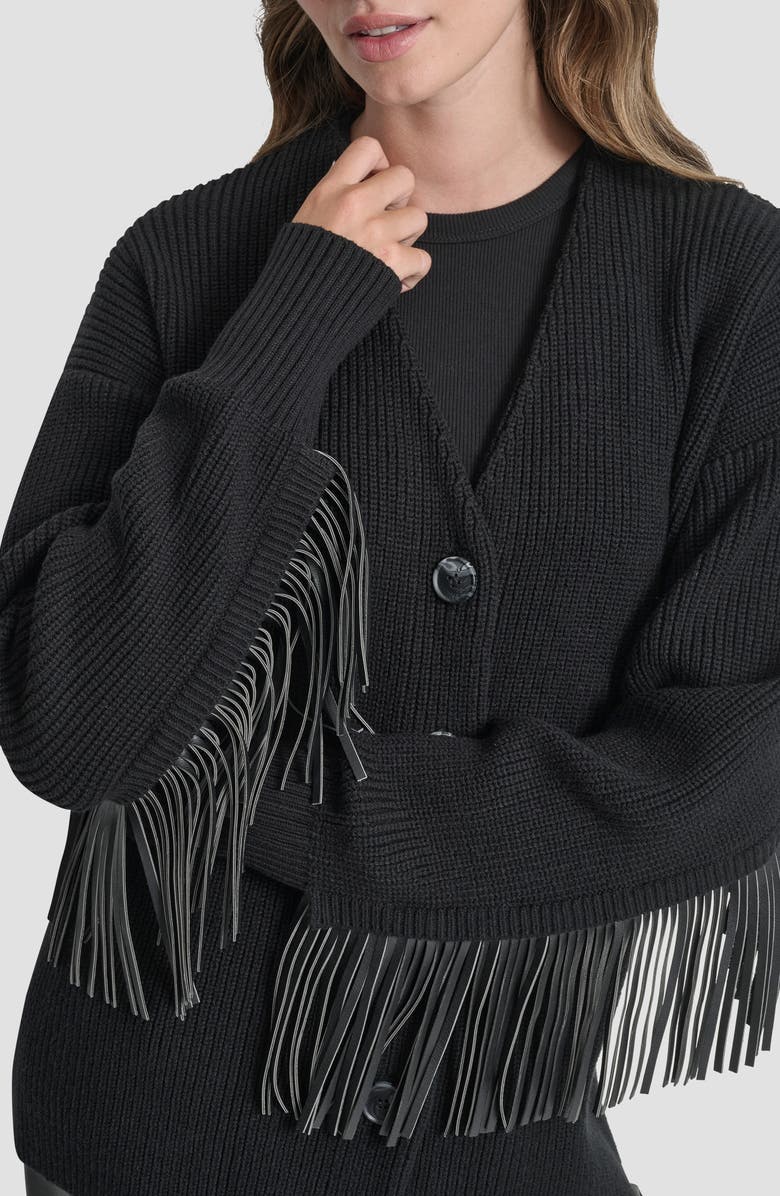 DKNY Faux Leather Fringe Cardigan, Alternate, color, Black