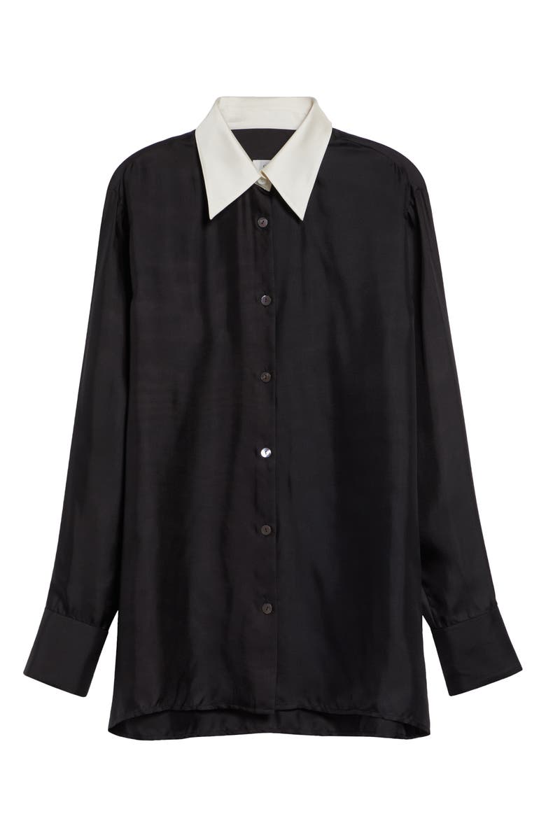 GIA STUDIOS Chiu Contrast Collar Satin Button-Up Shirt, Main, color, Black
