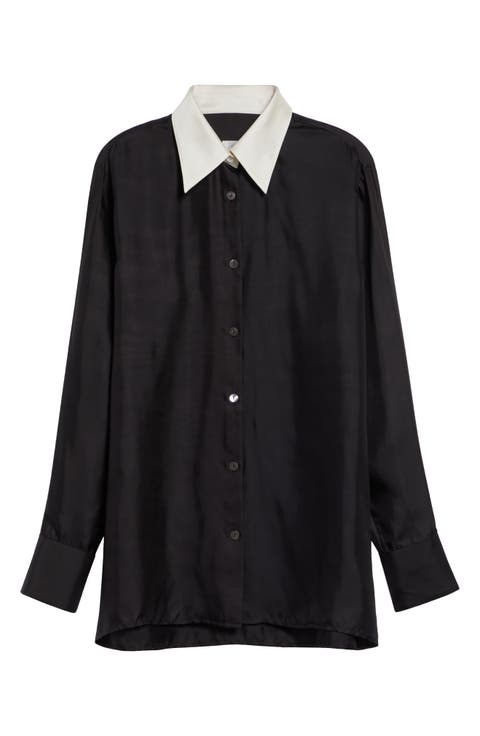 Chiu Contrast Collar Satin Button-Up Shirt