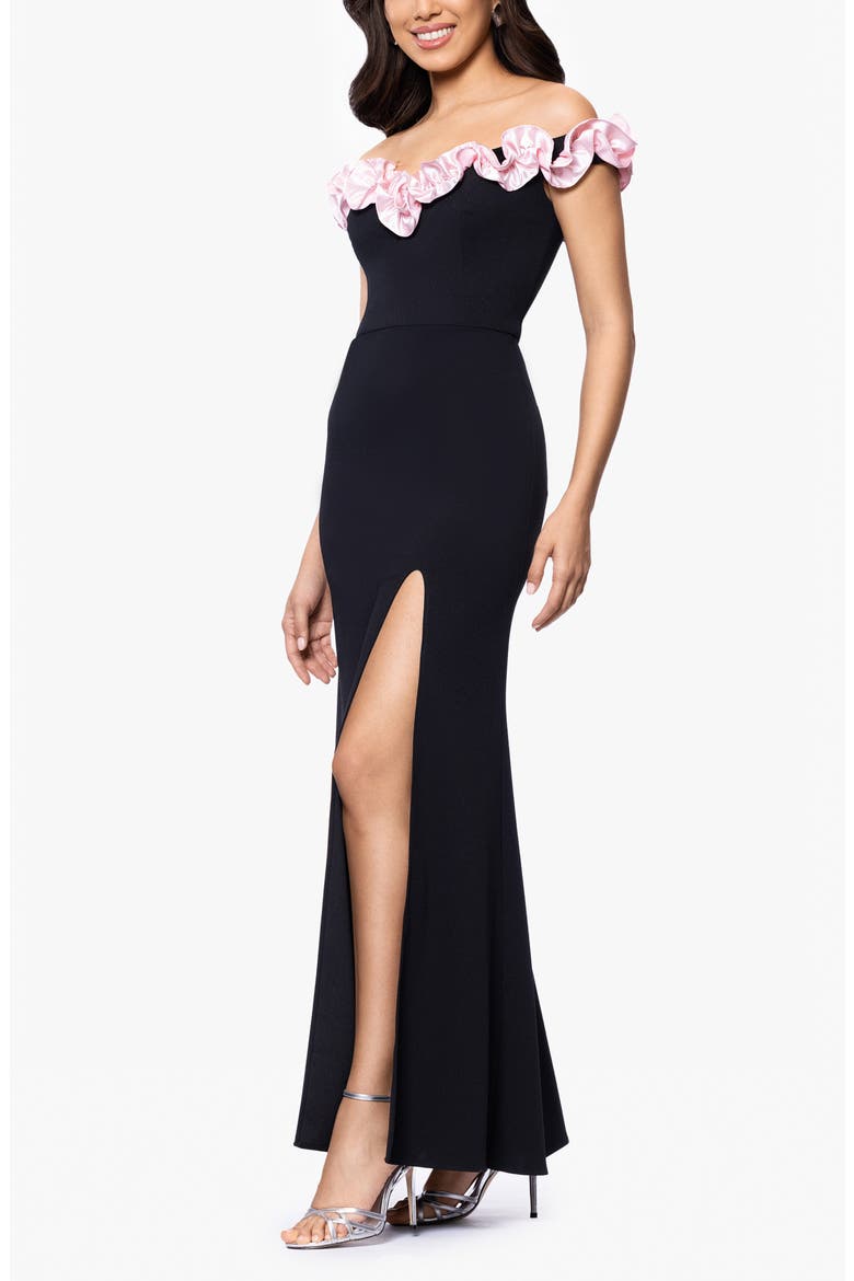 Off the Shoulder Scuba Crepe Gown, Alternate, color, BLACK/ PINK
