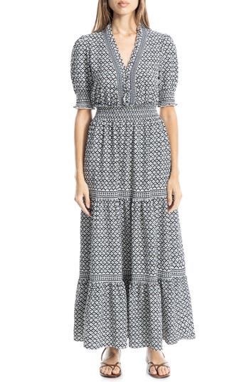 Max Studio Georgette Smocked Maxi Dress In Black/cream Geo