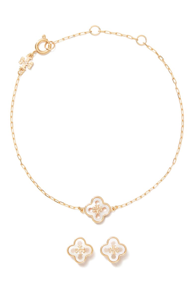 Forget Me Not Bracelet & Stud Earrings Set, Main, color, TORY GOLD / MOTHER OF PEARL