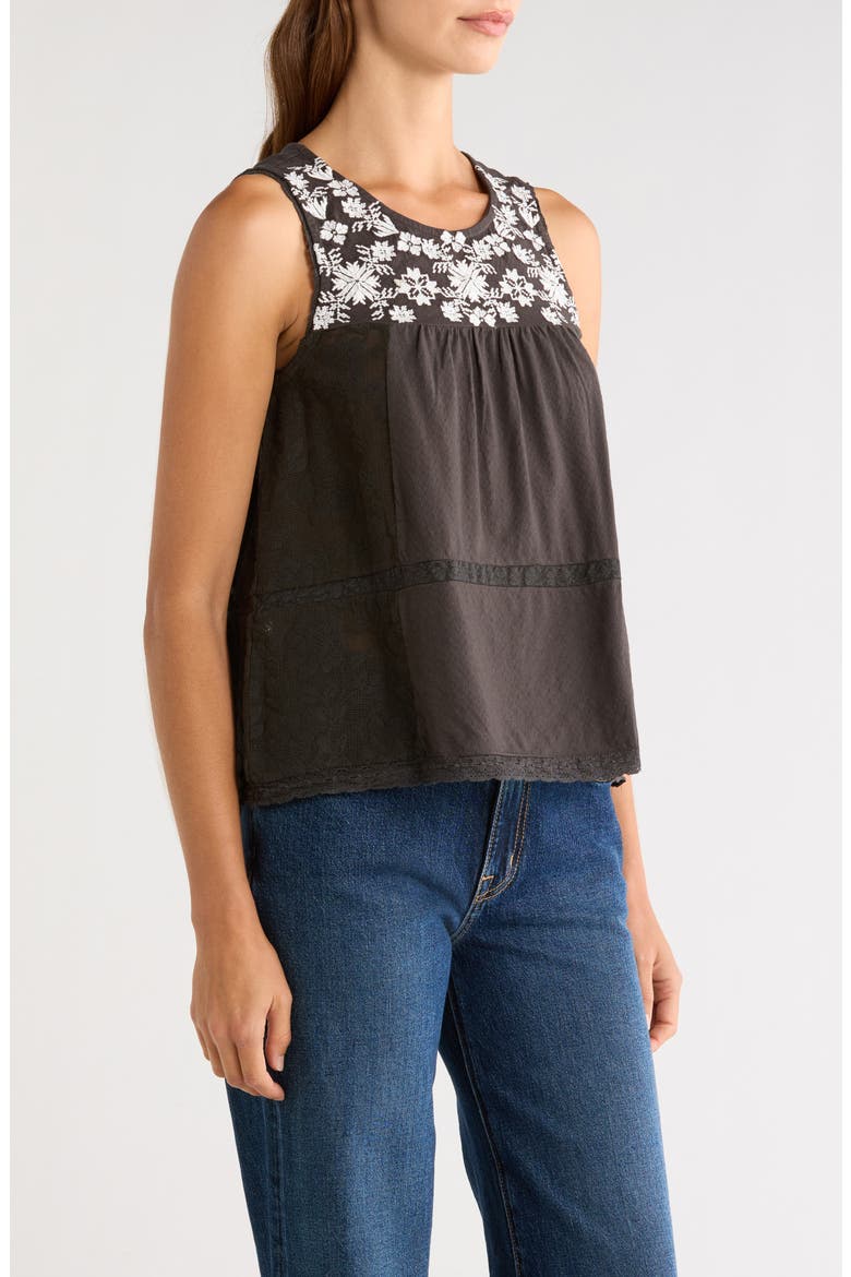 Embroidered Yoke Cotton Tank, Alternate, color, RAVEN