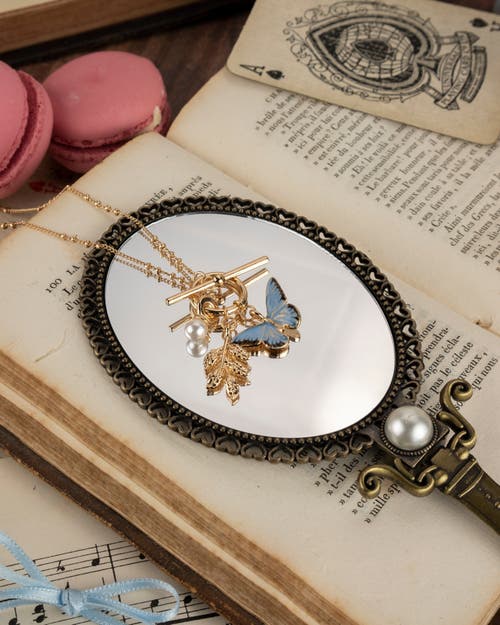 Fable England Enamel Blue Butterfly & Leaf Charm Necklace In Gold