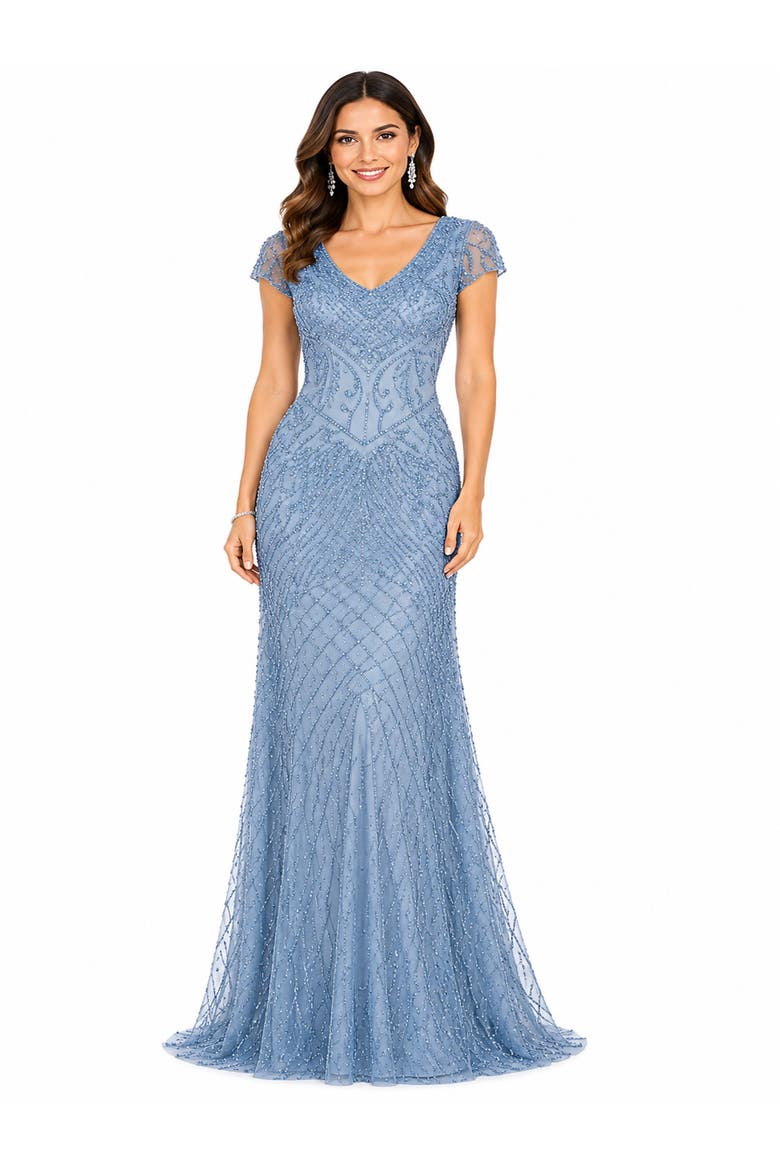 Beaded Cap Sleeve Gown With V-Neckline, Main, color, Slate