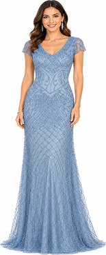 LARA New York Beaded Cap Sleeve Gown With V-Neckline