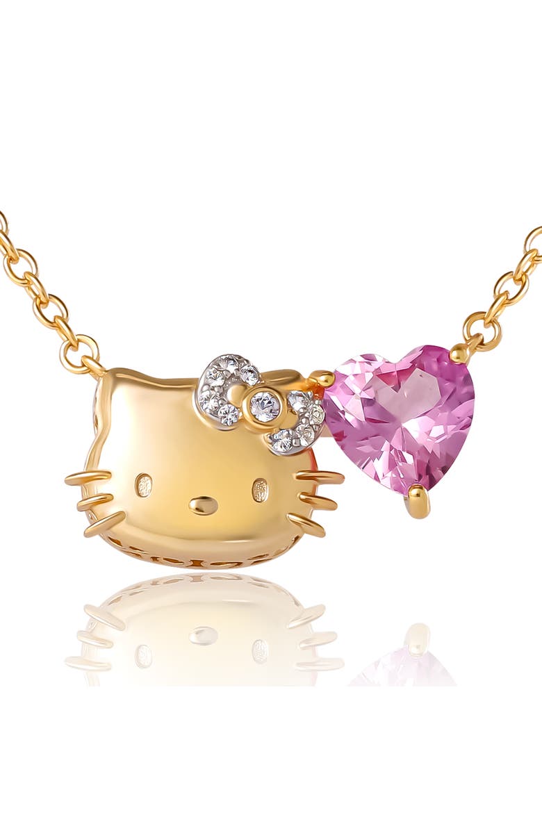 Hello Kitty Pink & White Sapphire Face with Heart Necklace, 18", Main, color, Gold/Pink