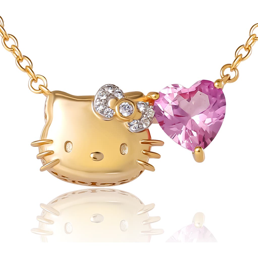 Hello Kitty Pink & White Sapphire Face With Heart Necklace, 18" In Gold