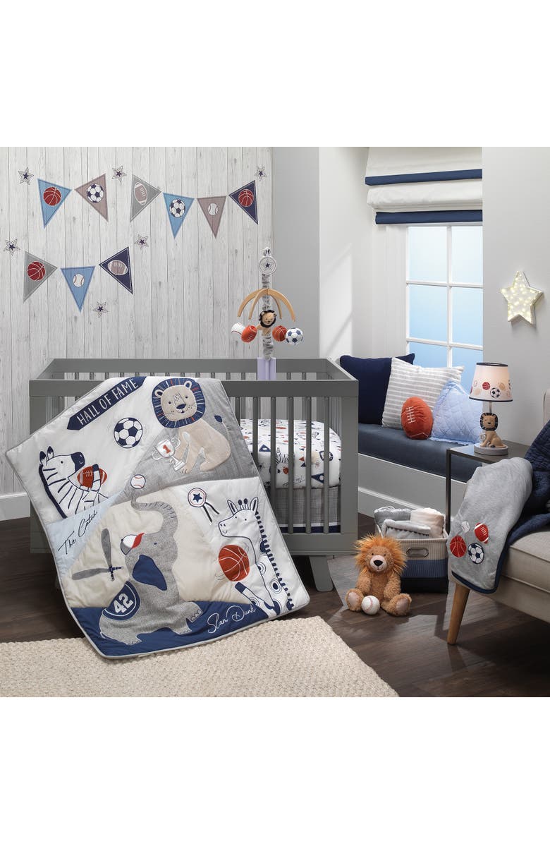 Lambs & Ivy Hall of Fame Animals/Sports 100% Cotton Fitted Baby Crib Sheet, Alternate, color, Blue Multi