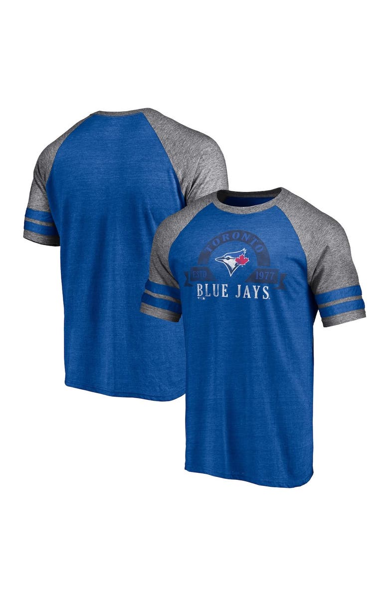 FANATICS Men's Fanatics Branded Heather Royal Toronto Blue Jays Utility Two-Stripe Raglan Tri-Blend T-Shirt, Main, color,