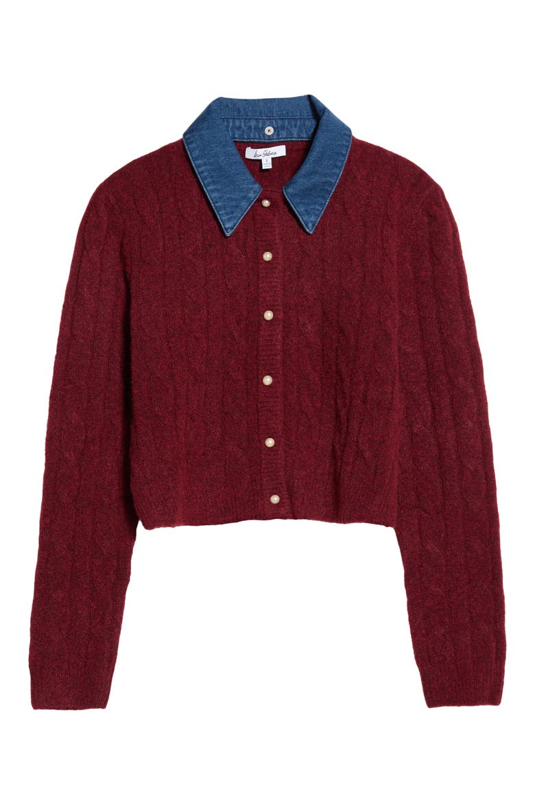 Removable Denim Collar Cardigan, Alternate, color, DARK CHERRY