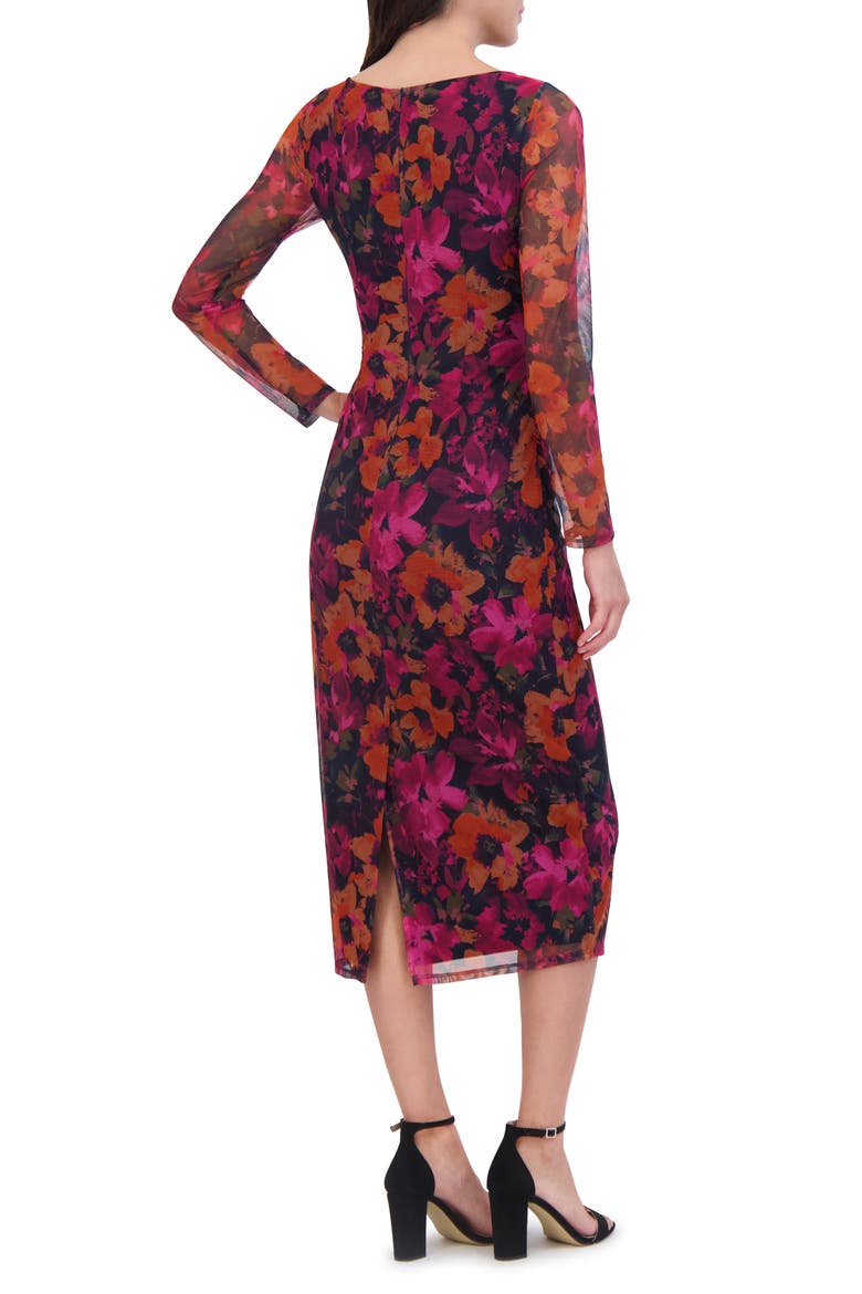 Floral Ruched Long Sleeve Body-Con Midi Dress, Alternate, color, BERRY