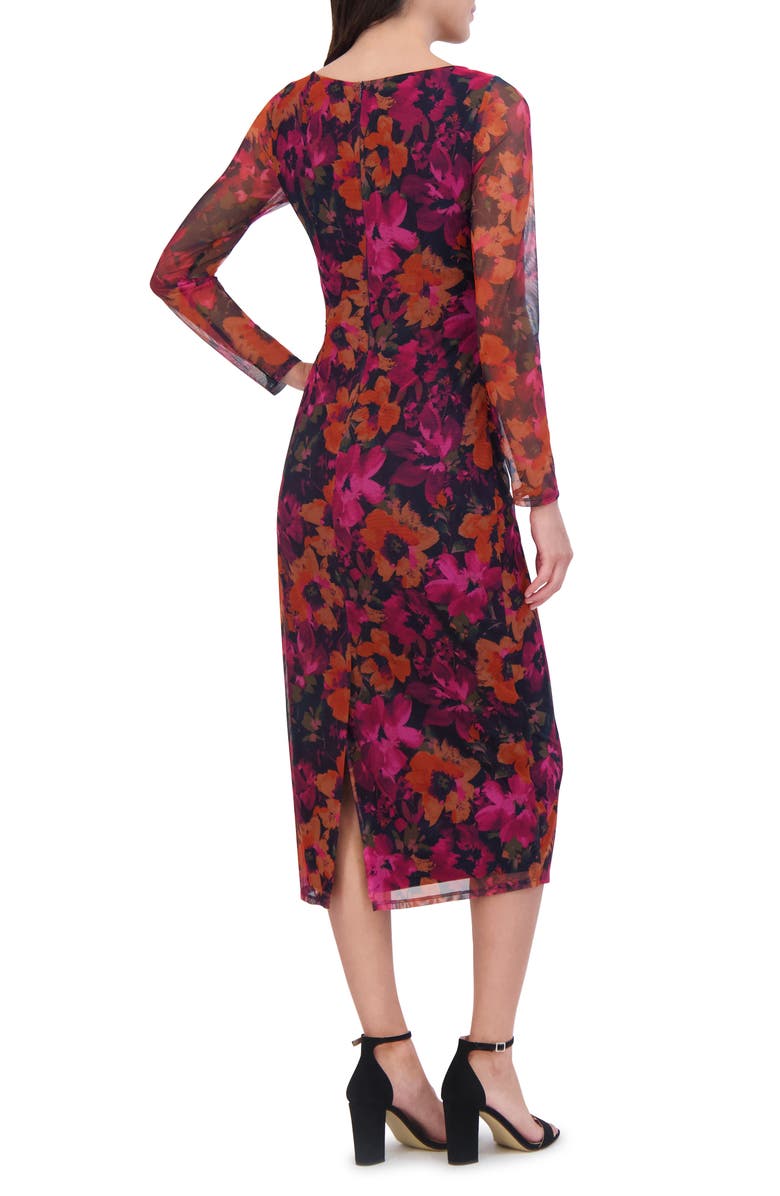 Vince Camuto Floral Ruched Long Sleeve Body-Con Midi Dress, Alternate, color,