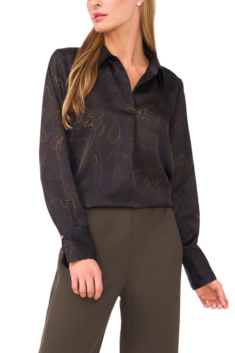 Floral Collared Charmeuse Popover Top, Main, color, RICH BLACK